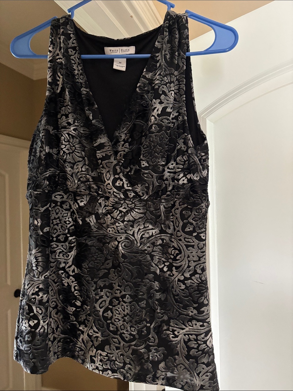 White House Black Market Black and Silver Velvet Burnout V-Neck Tank